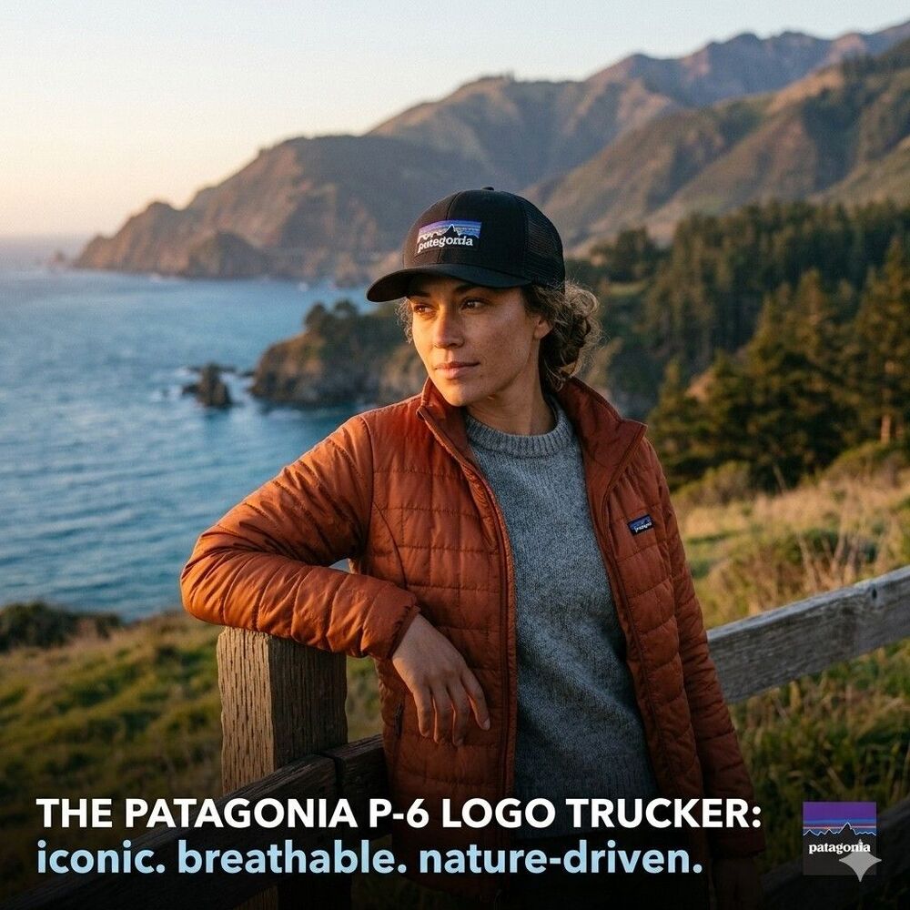 Patagonia P-6 Logo Trucker Hat Black Mesh Snapback NetPlus Outdoor Mens